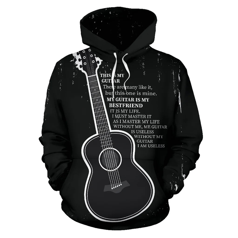 3D Printing Guitar - Moda guitarra música nota impresso hoodie